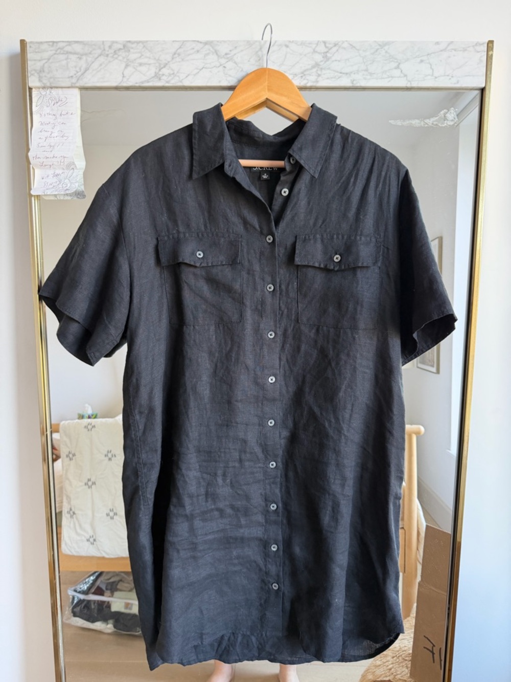 J Crew Black Linen Short-Sleeve Button-Up Dress size M
